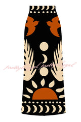 Abstract Art Birds and Sun Print Color Block High Waist Bikini And Skirt