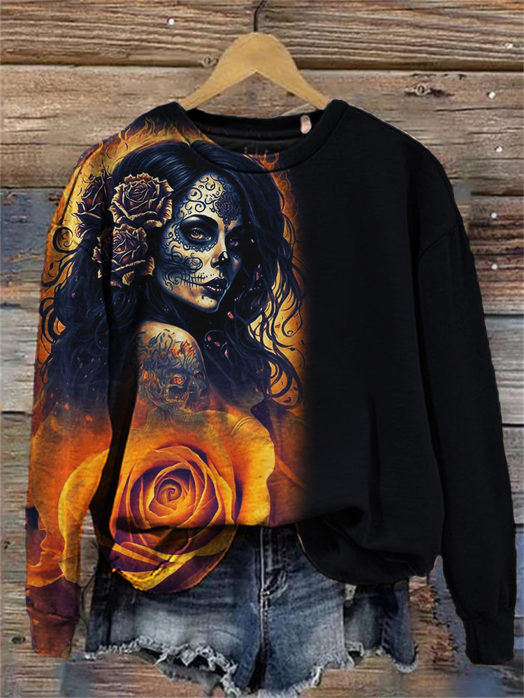 Day of the Dead Sugar Skull Art Contrast Color Sweatshirt