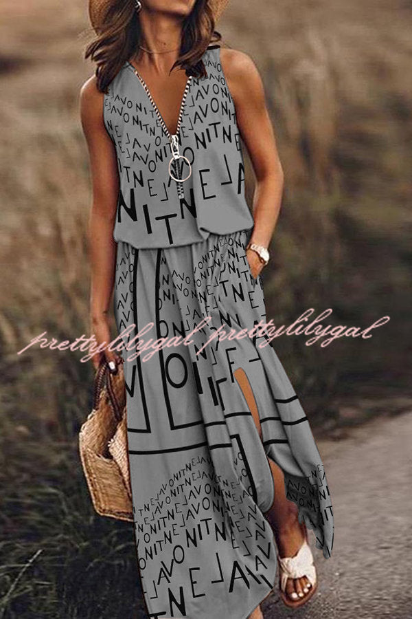 Fashion Modern Letter Print Zipper Neck Daily/Vacation Maxi Dress