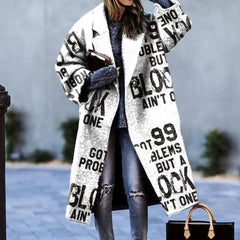 Letter Print Lapel Woolen Coat