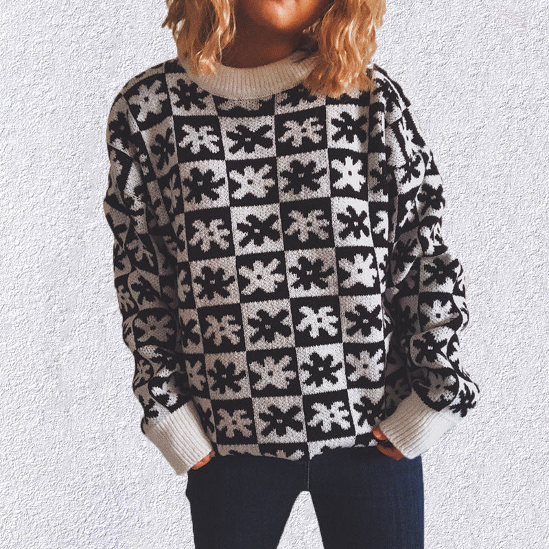 Casual Floral Plaid Round Collar Long Sleeve Loose Knit Sweater