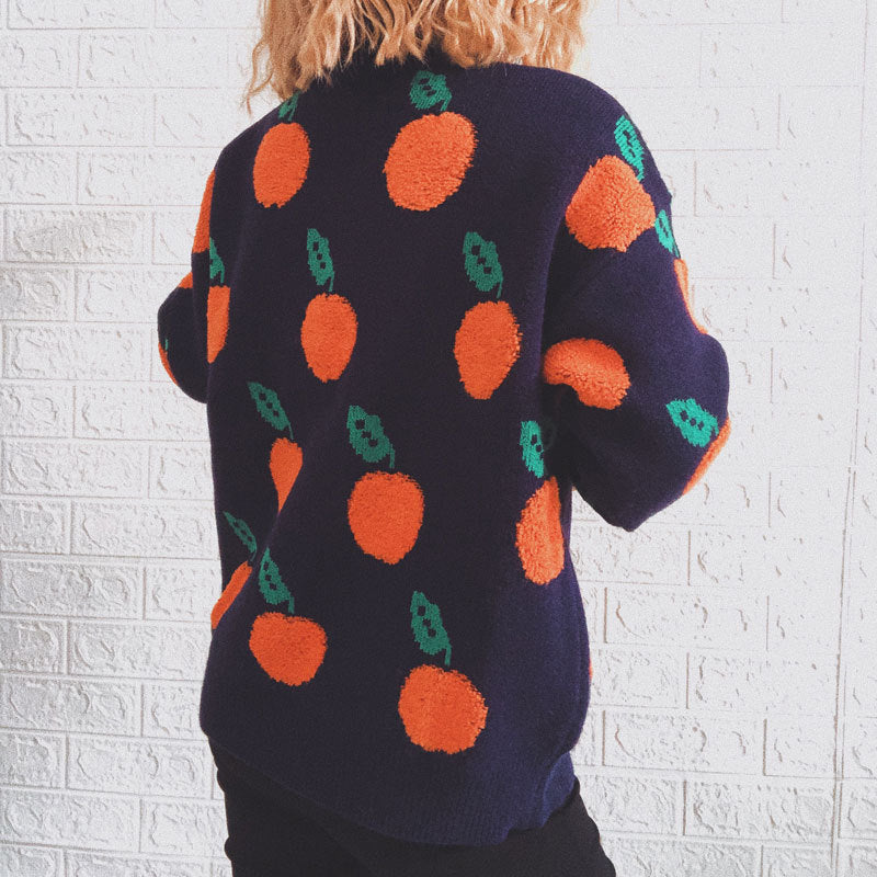 Orange Jacquard Casual Round Neck Sweater