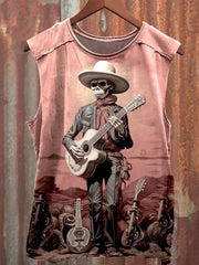 Men's Vintage Skull Cowboy Art Print Casual Tank Top