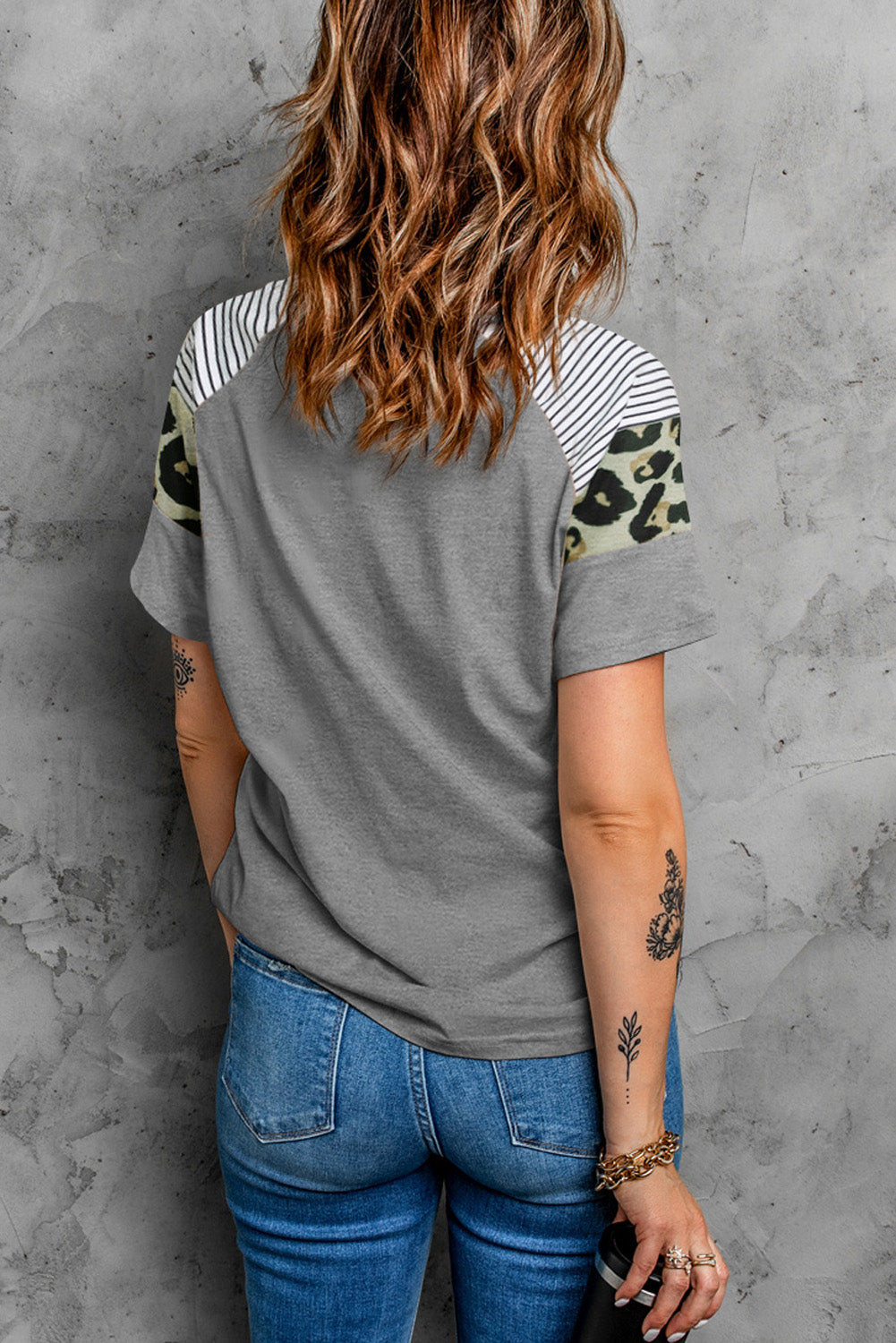 Women's Gray Striped Leopard Print Short Sleeve T-shirt For Women