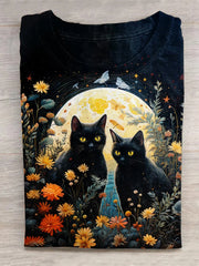 Floral And Cat Art Print Casual T-Shirt