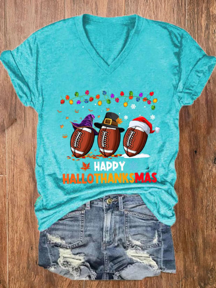 Halloween Christmas Rugby Print V Neck T Shirt