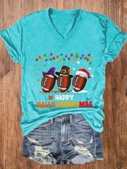Halloween Christmas Rugby Print V Neck T Shirt
