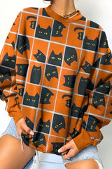 Cat Halloween Print Crew Neck Sweatshirt