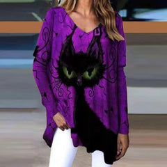 Halloween Cat Print Long Sleeve T-Shirt