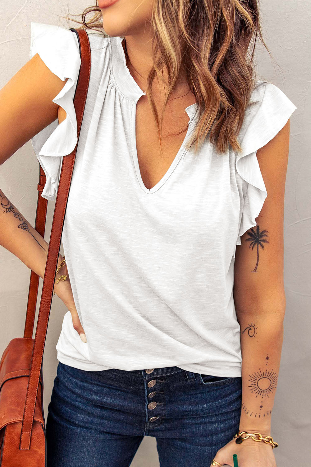 Women's White V Neck Butterfly Sleeve Top