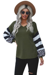 Women's Green V Neck Lantern Sleeve Stripe Splice Long Sleeve Top
