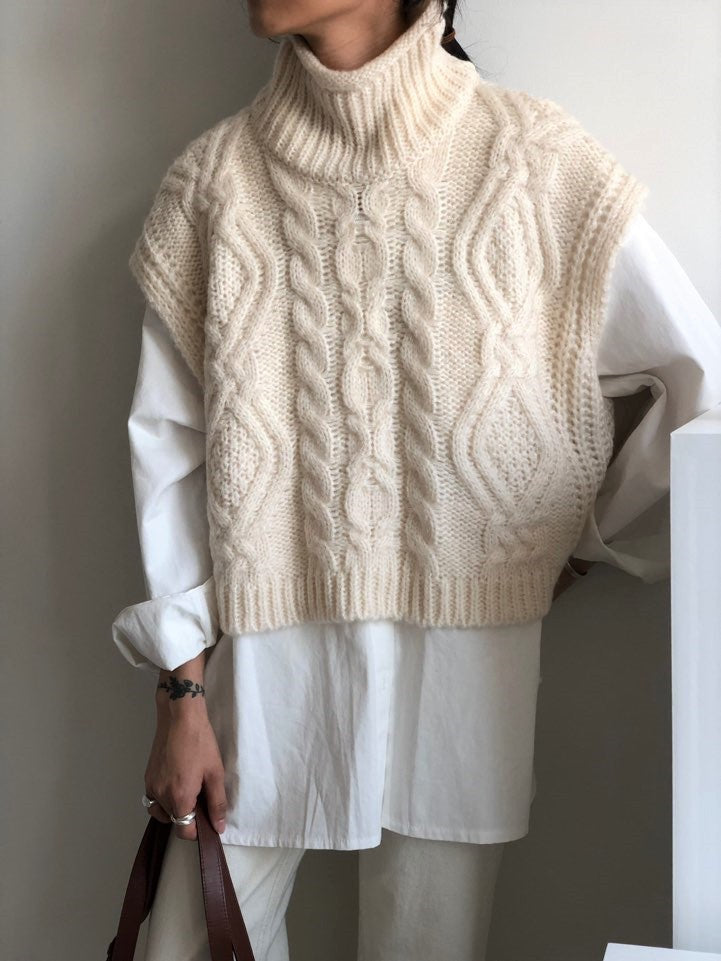 Vintage turtleneck hemp pattern loose knit sweater vest