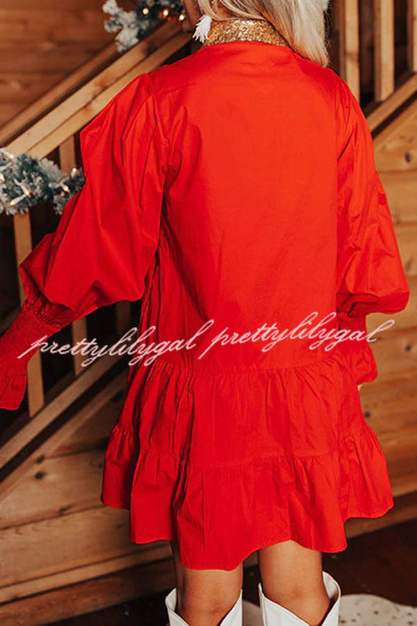 Nutcracker Sequined Button Down Long Sleeve Mini Dress