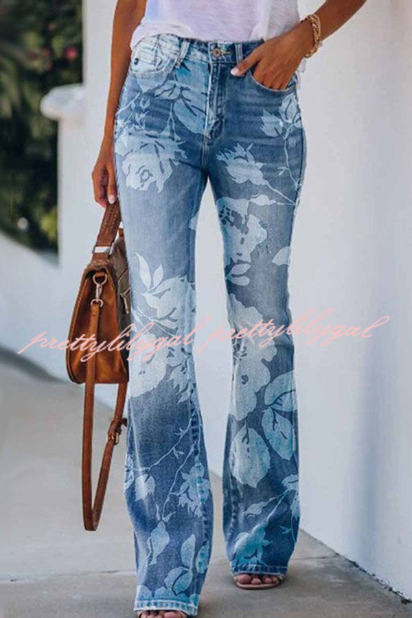 On A Drive Printed Faux Denim High Rise Flare Pants