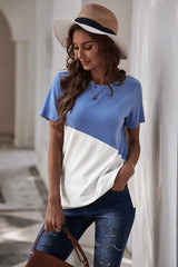 Women's Crew Neck Blue White Colorblock Short Sleeve Tee