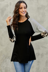 Women's Black Striped and Leopard Color Block Long Sleeves Top