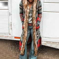 Western Style Retro Fur Collar Long Cardigan Jacket