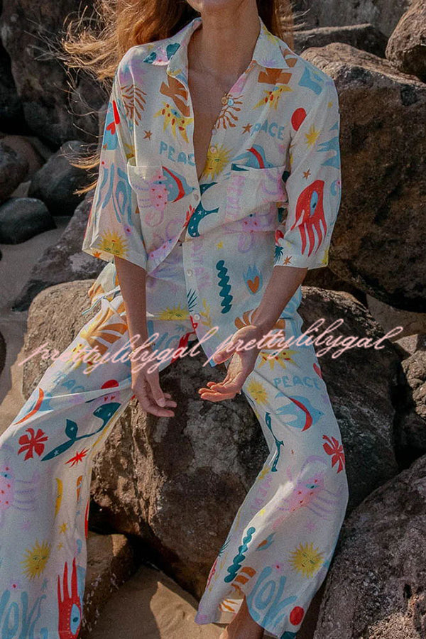 Abstract Sea Creature Print Button Pockets Elastic Waist Pant Suit