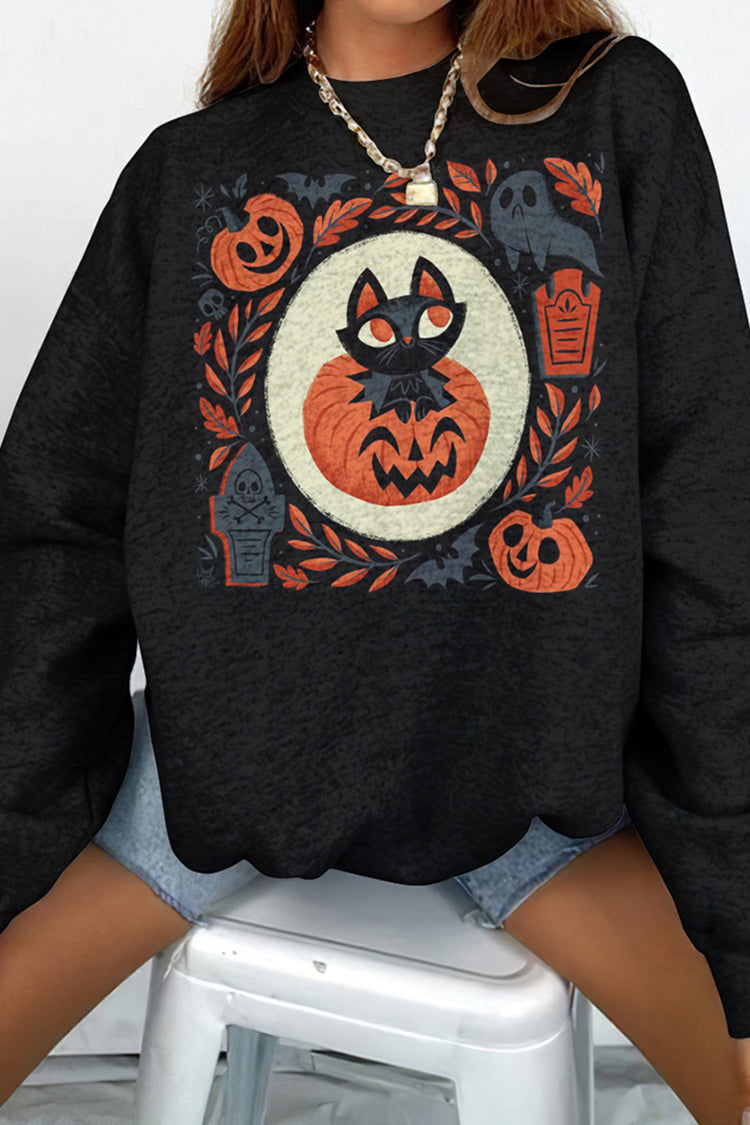 Halloween Pumpkin Cat Print Sweatshirt