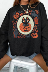 Halloween Pumpkin Cat Print Sweatshirt