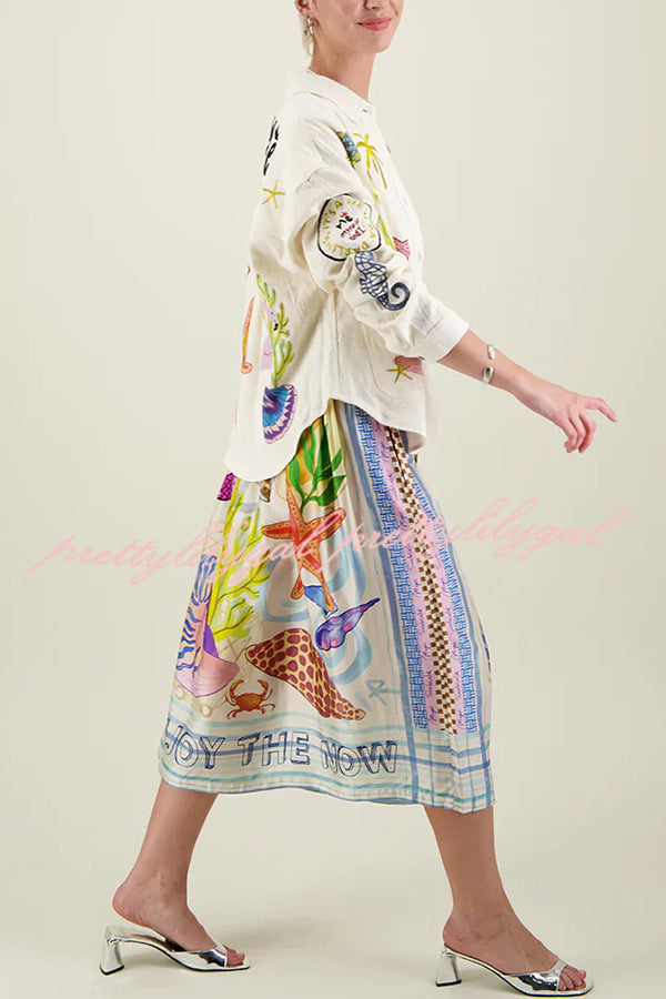 Dreamy Ocean Satin Unique Print Elastic Waist Pocket Vacation Midi Skirt