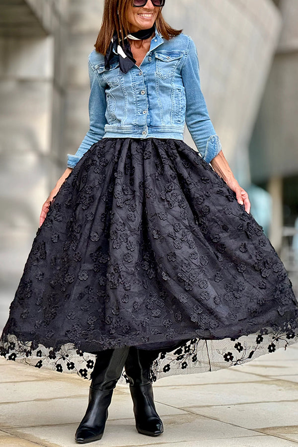 Timeless Luxury Tulle 3D Embroidered Flowers Elastic Waist Large Hem Midi Skirt