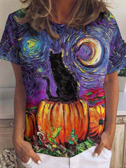 Oil Painting Cat Pumpkin Print Crew Neck T-Shirt