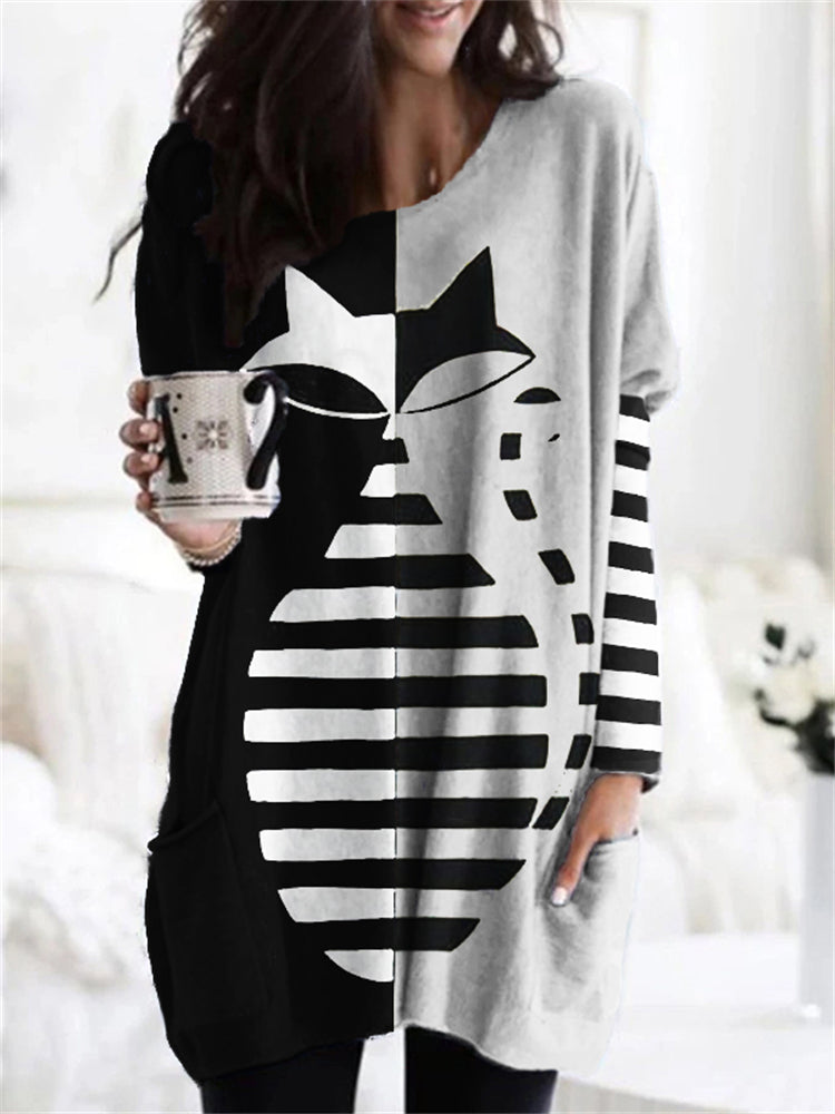 Black Cat Contrast Striped Patchwork Patch Pocket Tunic