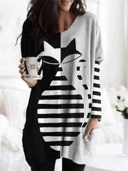 Black Cat Contrast Striped Patchwork Patch Pocket Tunic