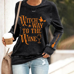 Halloween Wicth Way To The Wine Print Sweatshirt
