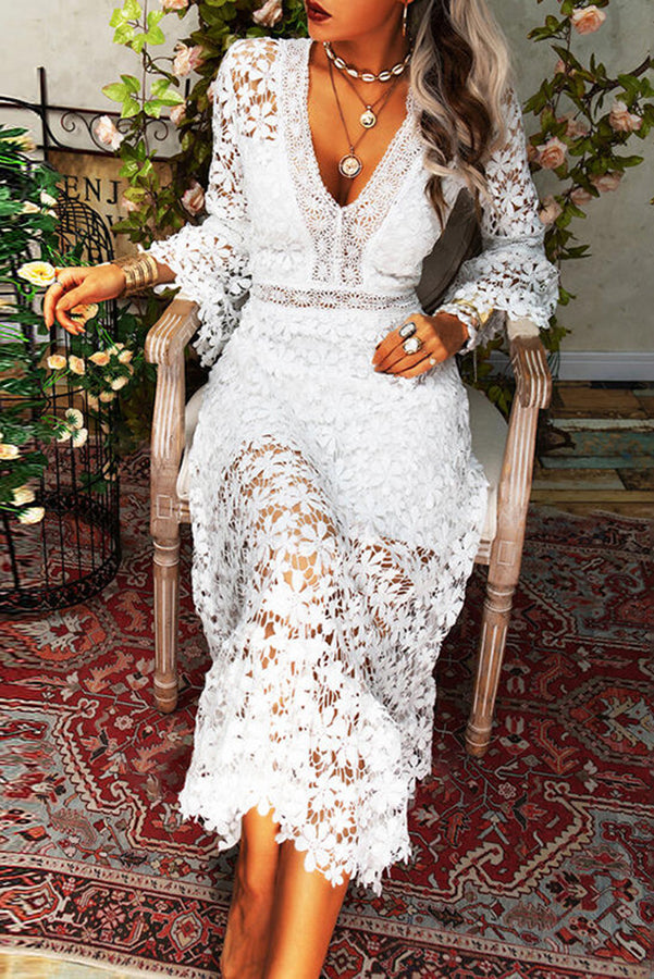 For The Love of Lace Flower Pattern Patchwork Bell Sleeve Midi Dress