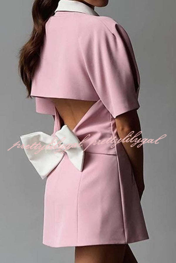 Stylish Contrast Lapel Backless Bow Shirt Style Pocket Mini Dress