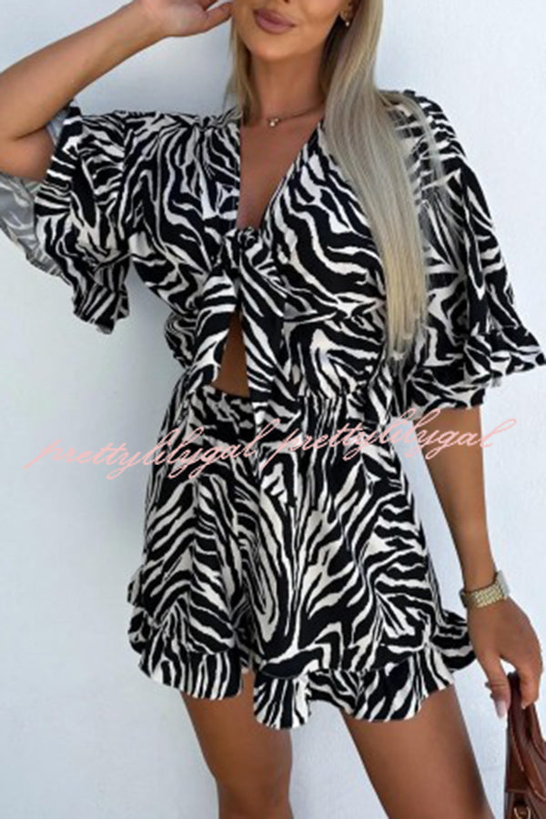 Zebra Print Ruffled Sleeves Dropped Sleeves V Neck Tie High Waist Romper
