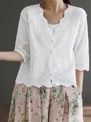 Leaves Embroidered Floral Hem Linen Cardigan