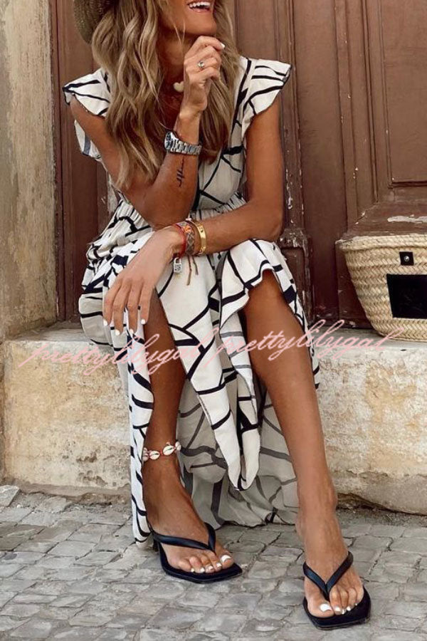 Geometric Print V-neck Ruffle Midi Dress
