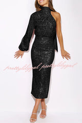 Bring The Class Sequin Slit High Waist Midi Dress