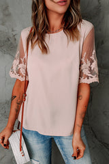 Women's Chic Apricot Lace Short Sleeve Top
