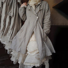 Vintage Striped Fold Over Collar Button Loose Coat