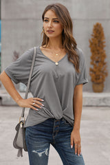 Women's Casual Gray Crew Neck Short Sleeve Twist T Shirt