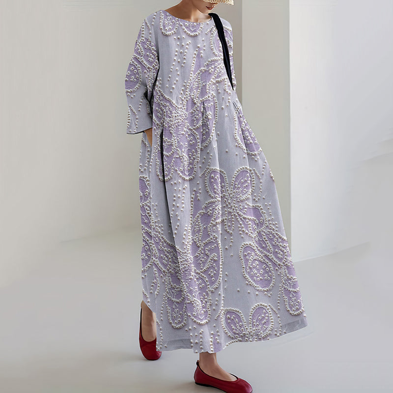 Embroidered Art Flower Print Loose Midi Dress