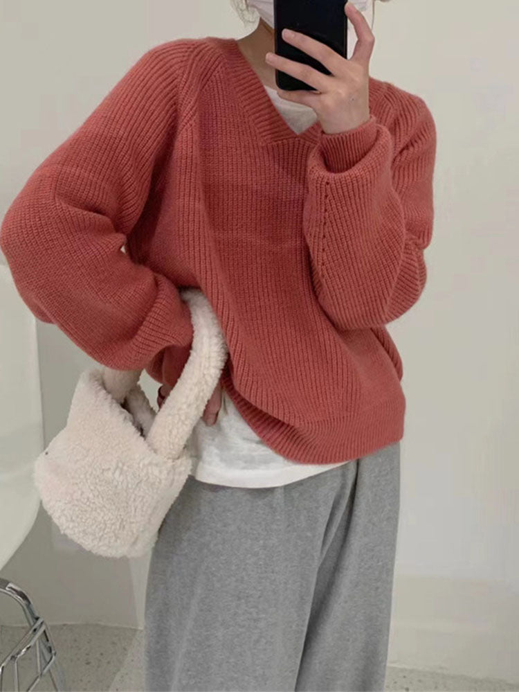 V-neck Soft Waxy Loose Gentle Knit Sweater