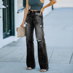 Women's Casual temperament ripped denim wide-leg pants