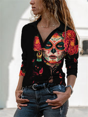 Day Of The Dead Flower Queen Skull Lapel T Shirt