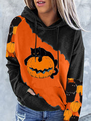 Casual Pumpkin Cat Print Hoodie