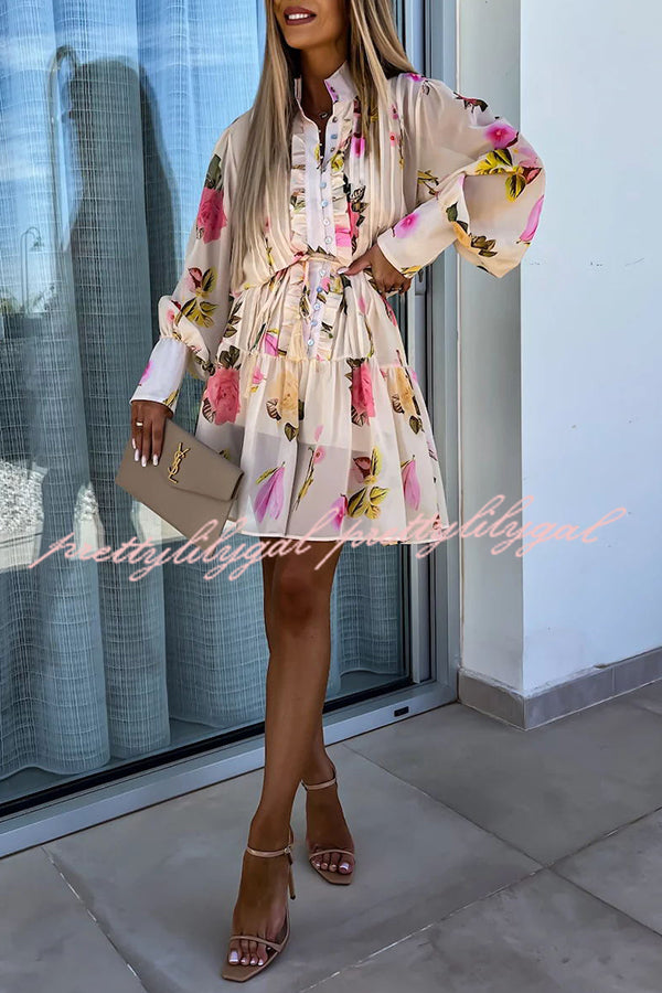 Sunset and Dreams Floral Print Subtle Tuck Lantern Sleeve Belt Mini Dress