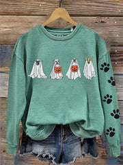 Lovely Halloween Ghost Dogs Paw Prints Washed Sweatshirt