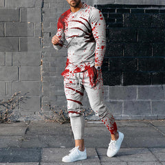 Men's Halloween Blood Stain Printed Long Sleeve T-Shirt And Pants Co-Ord