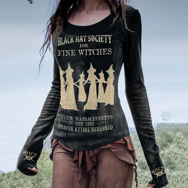 Women's Black Hat Society for Fine Witches Halloween Art Print Tops