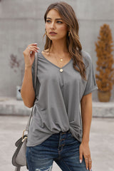 Women's Casual Gray Crew Neck Short Sleeve Twist T Shirt