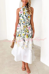 Floral Print Halterneck Tie Zip Smocked Maxi Dress